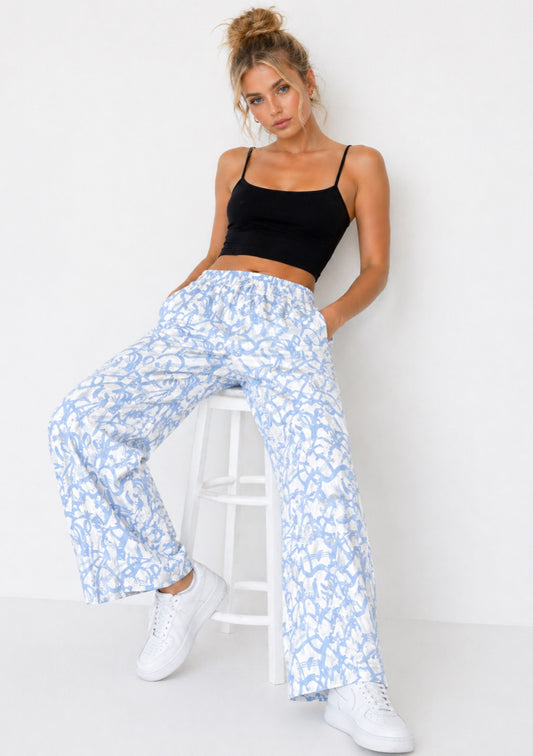 Montx women's sky blue abstract print wide leg joggers with relaxed fit, featuring a comfortable, casual style.