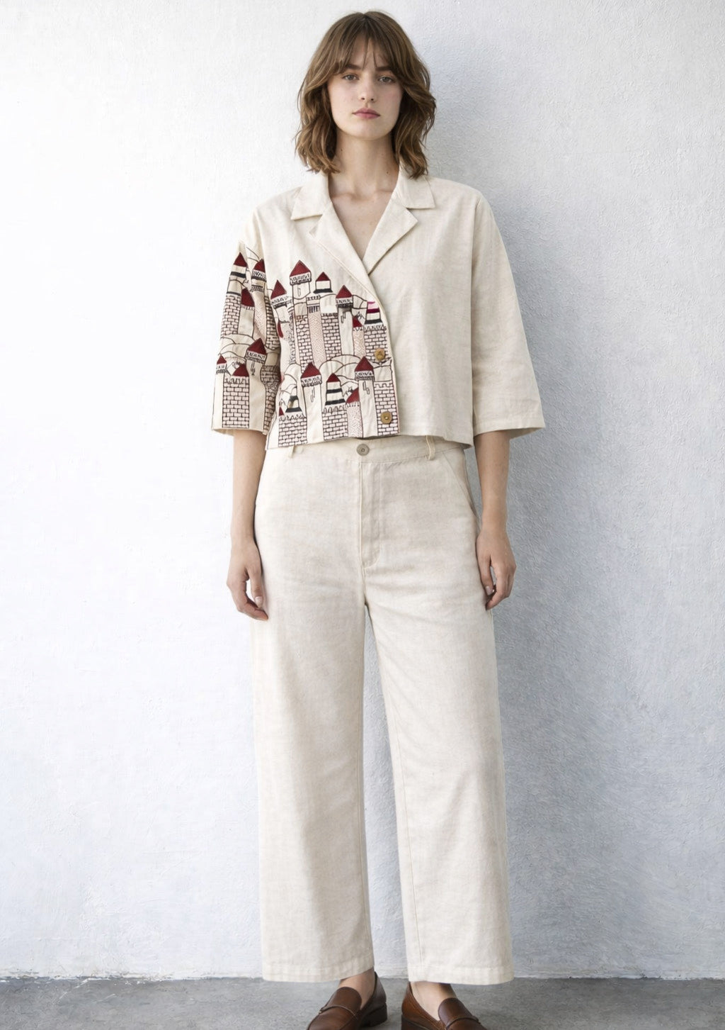 Montx Women’s wine linen embroidered co-ord set featuring a crop top and matching wide-leg pants, stylish and comfortable.
