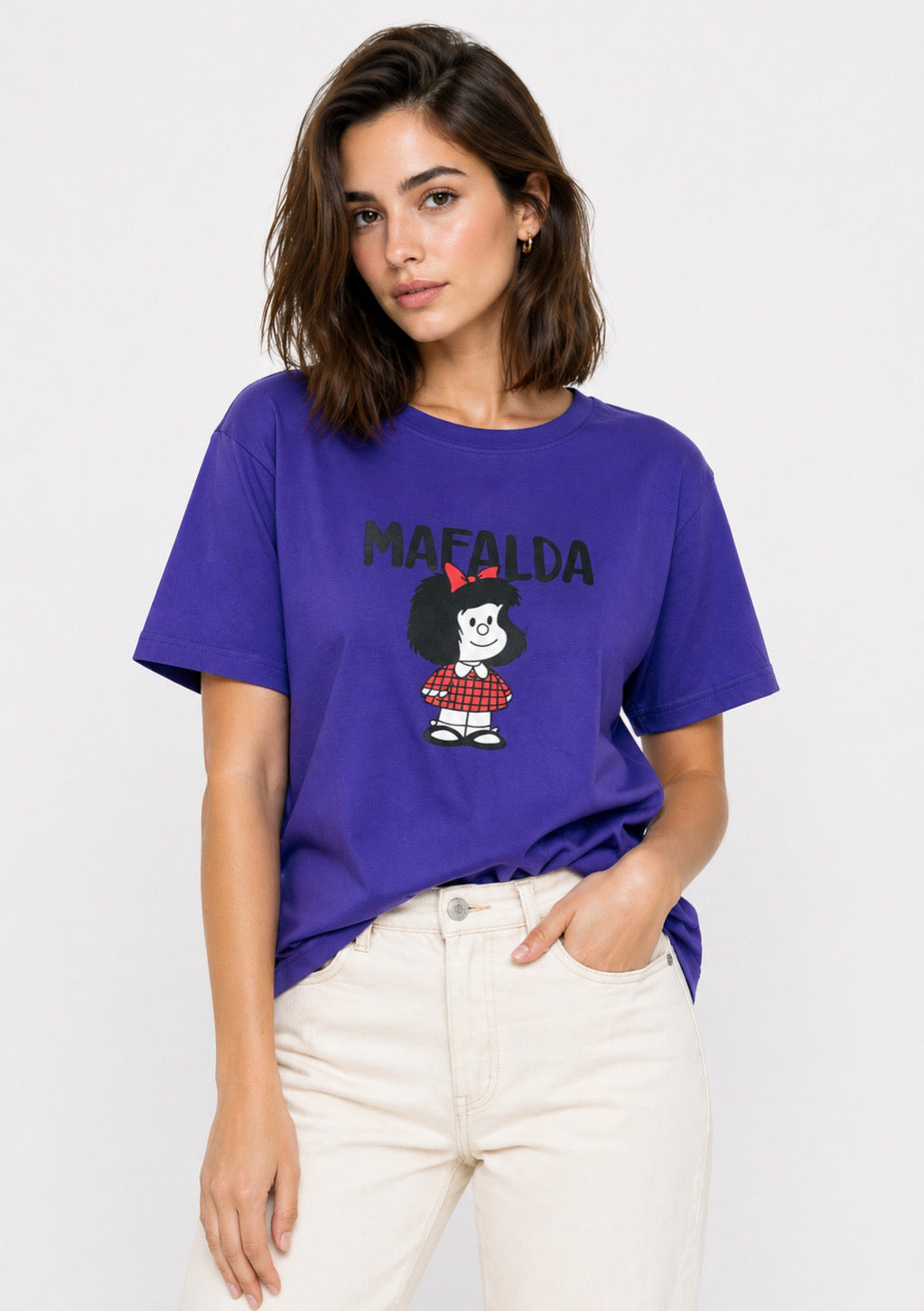 Women's royal blue cotton T-shirt with cartoon print, regular fit, from Montx The Clothing Brand, shown laid flat.