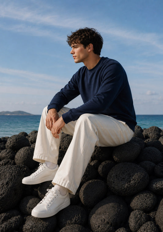 Montx Men’s Essential Navy Regular Fit Sweatshirt, casual everyday wear, featuring a classic crewneck design and comfortable fit.