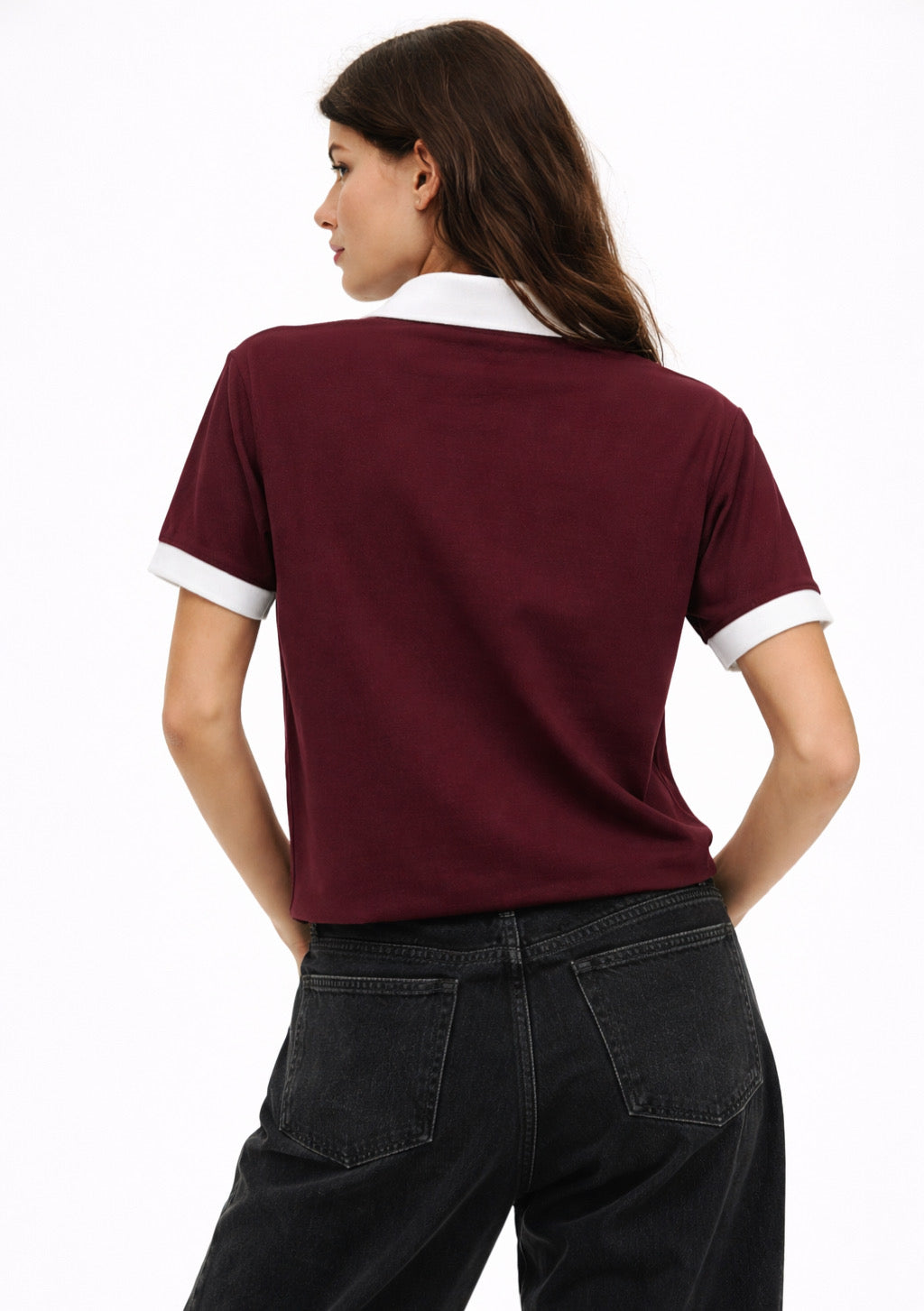 Montx Women’s NYC printed cotton polo T-shirt in cherry red, casual fit with colorful cityscape design, soft and comfortable fabric