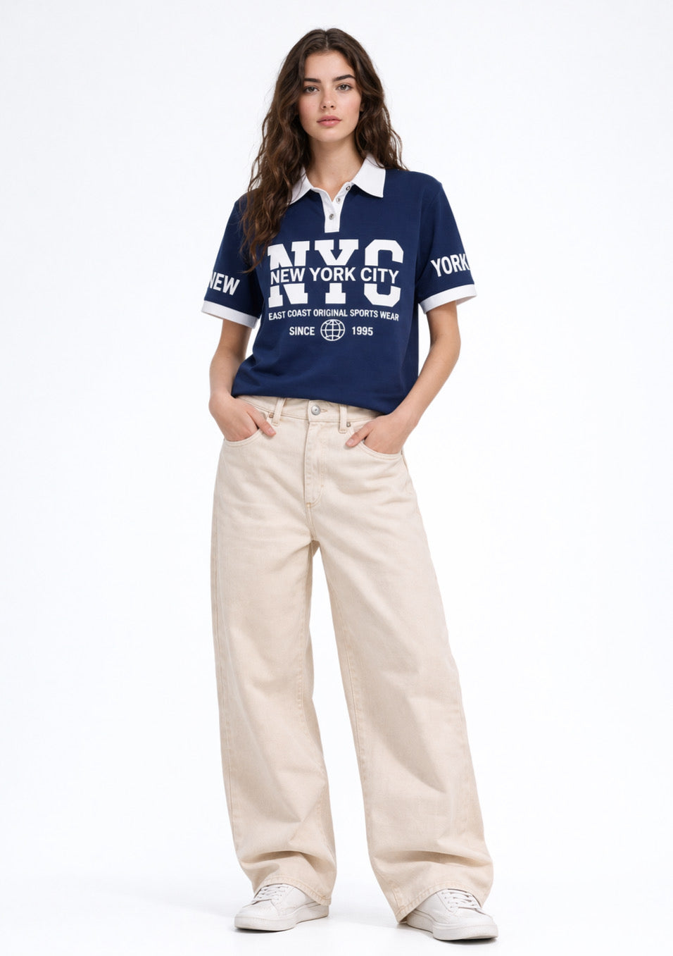Montx Women’s NYC printed cotton polo T-shirt in navy blue, casual fit with city-themed graphic design.