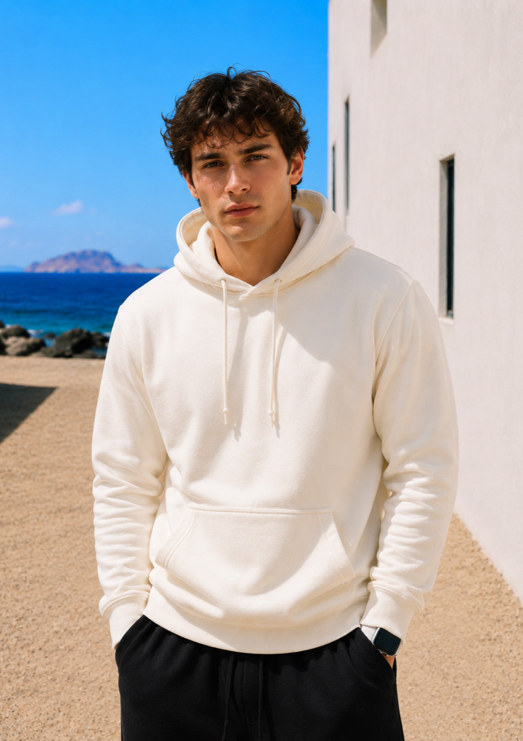 Montx men's lightweight basic hoodie in off white, minimal essential style, shown on a neutral background.