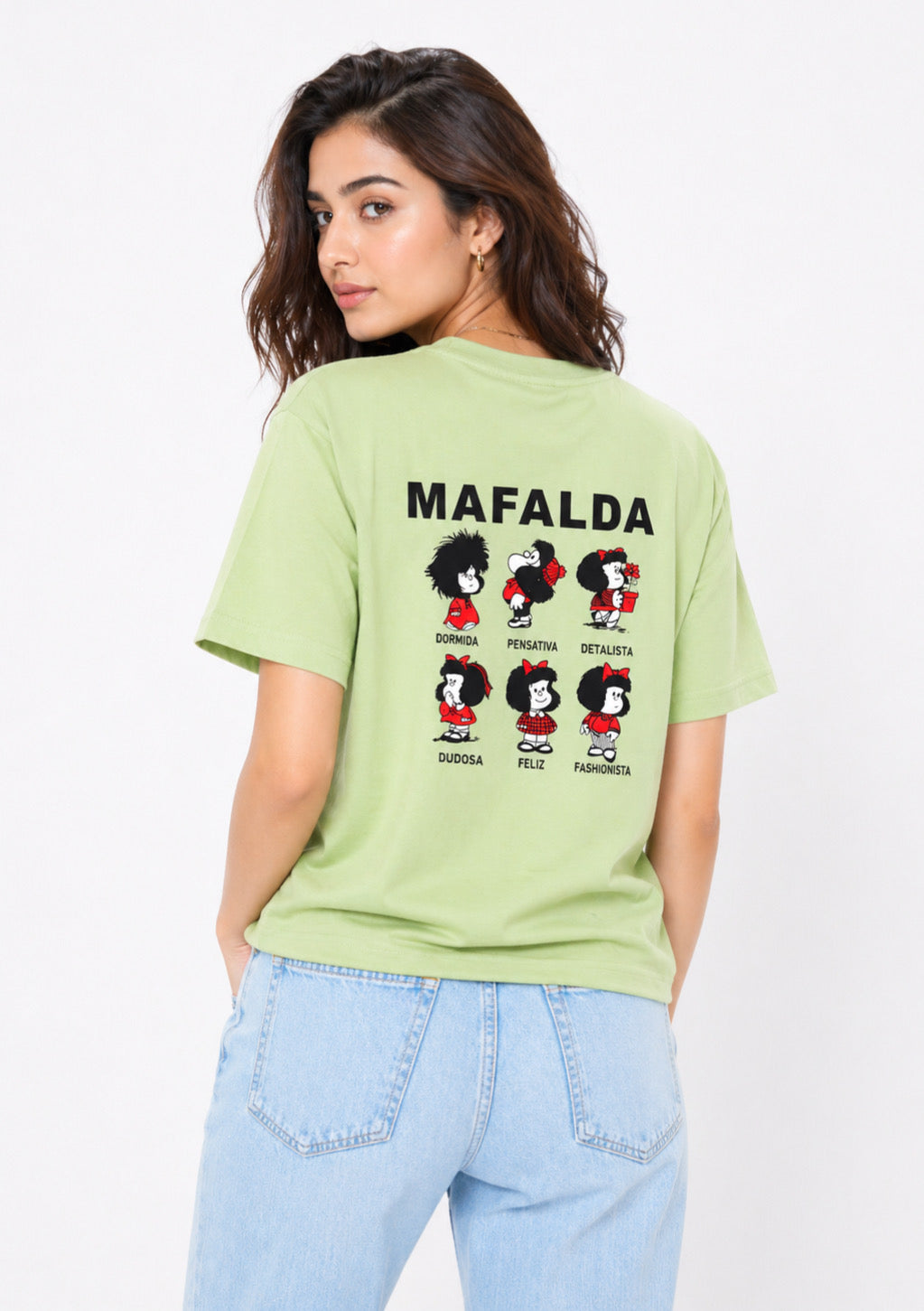 Women’s sage green cotton T-shirt with cartoon print from Montx The Clothing Brand, featuring a regular fit and casual style.