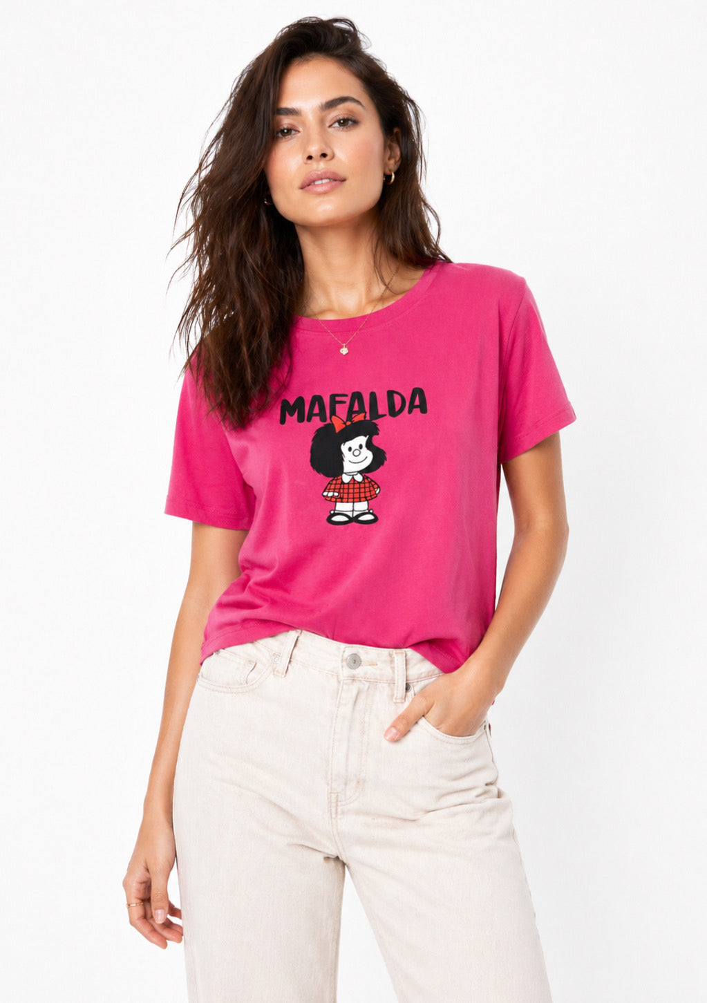 Women’s hot pink cartoon print cotton T-shirt with regular fit by Montx The Clothing Brand, featuring a playful graphic design.