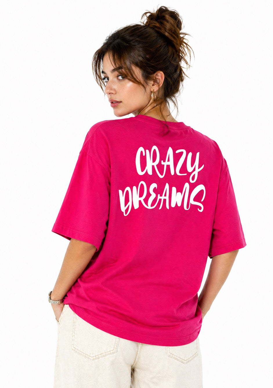 Montx Women’s hot pink graphic oversized T-shirt with bold design, soft fabric, and relaxed fit for casual wear.