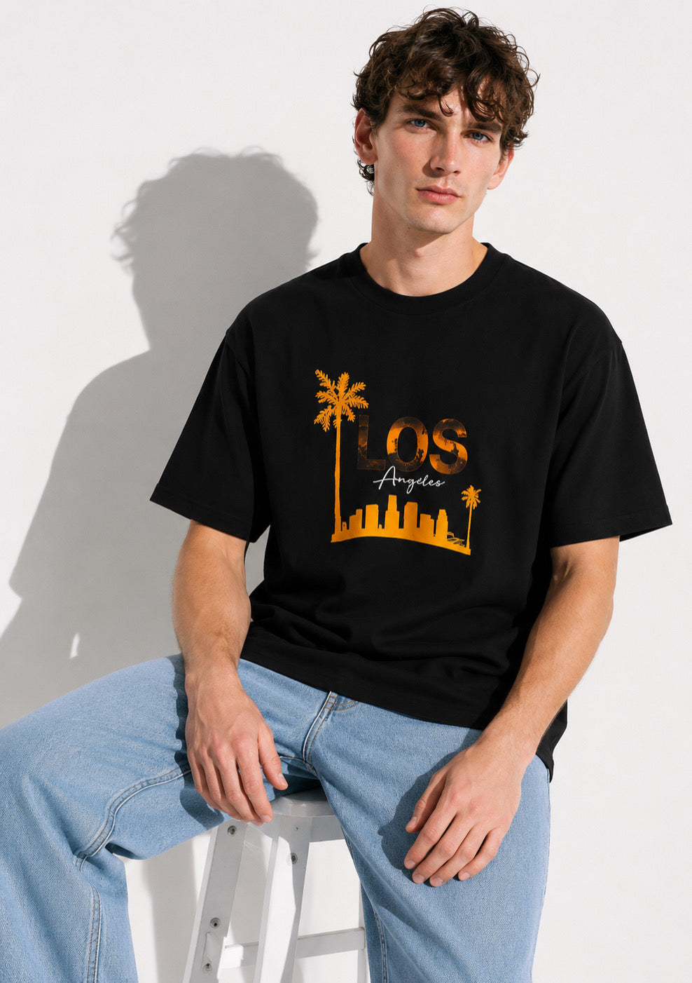Men's Half Sleeve Round Neck Over Size Los Angeles Print  T-Shirt  - Black Color