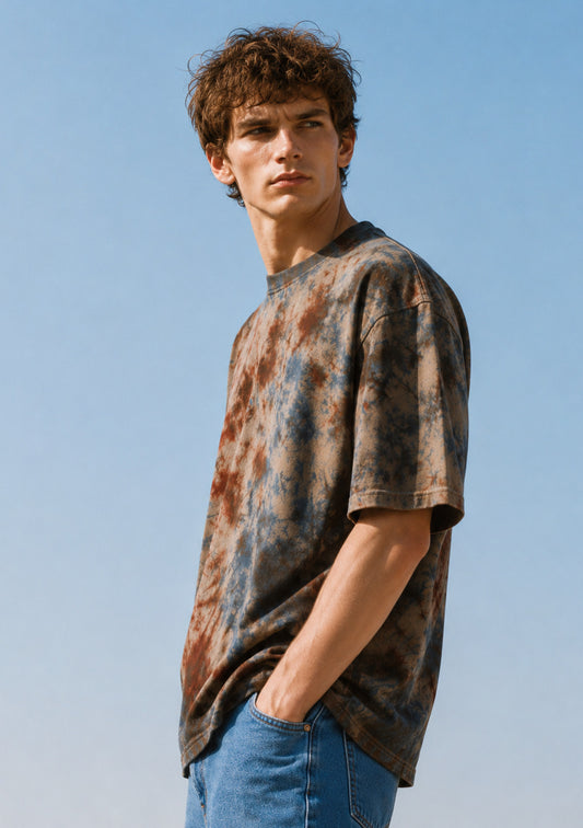 Montx Men's charcoal tie-dye oversized round neck T-shirt with bold pattern, designed in India, casual streetwear style.