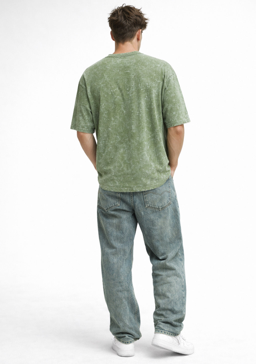 Men’s army green acid wash printed French terry cotton oversized T-shirt by Montx The Clothing Brand, showing front view with graphic design.