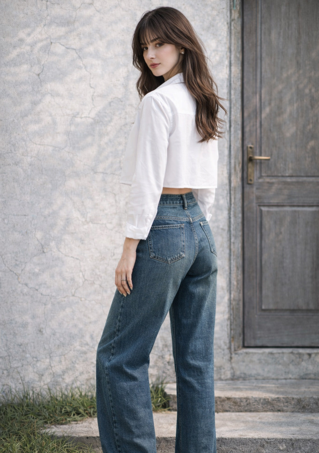 Montx women's vintage dark dusty blue straight fit denim jeans laid flat showing front and back details.
