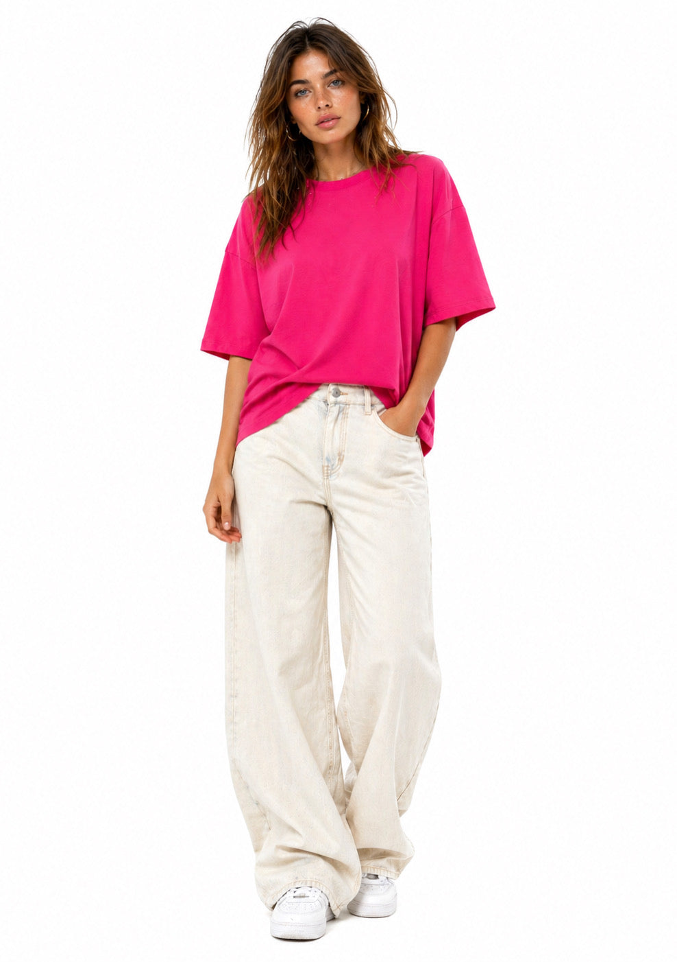 Women’s hot pink oversized plus size cotton T-shirt by Montx The Clothing Brand, showing the relaxed fit and vibrant color.