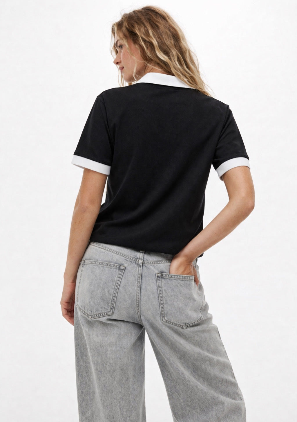 Montx Women’s NYC printed cotton polo T-shirt in black, casual fit with graphic city print on front