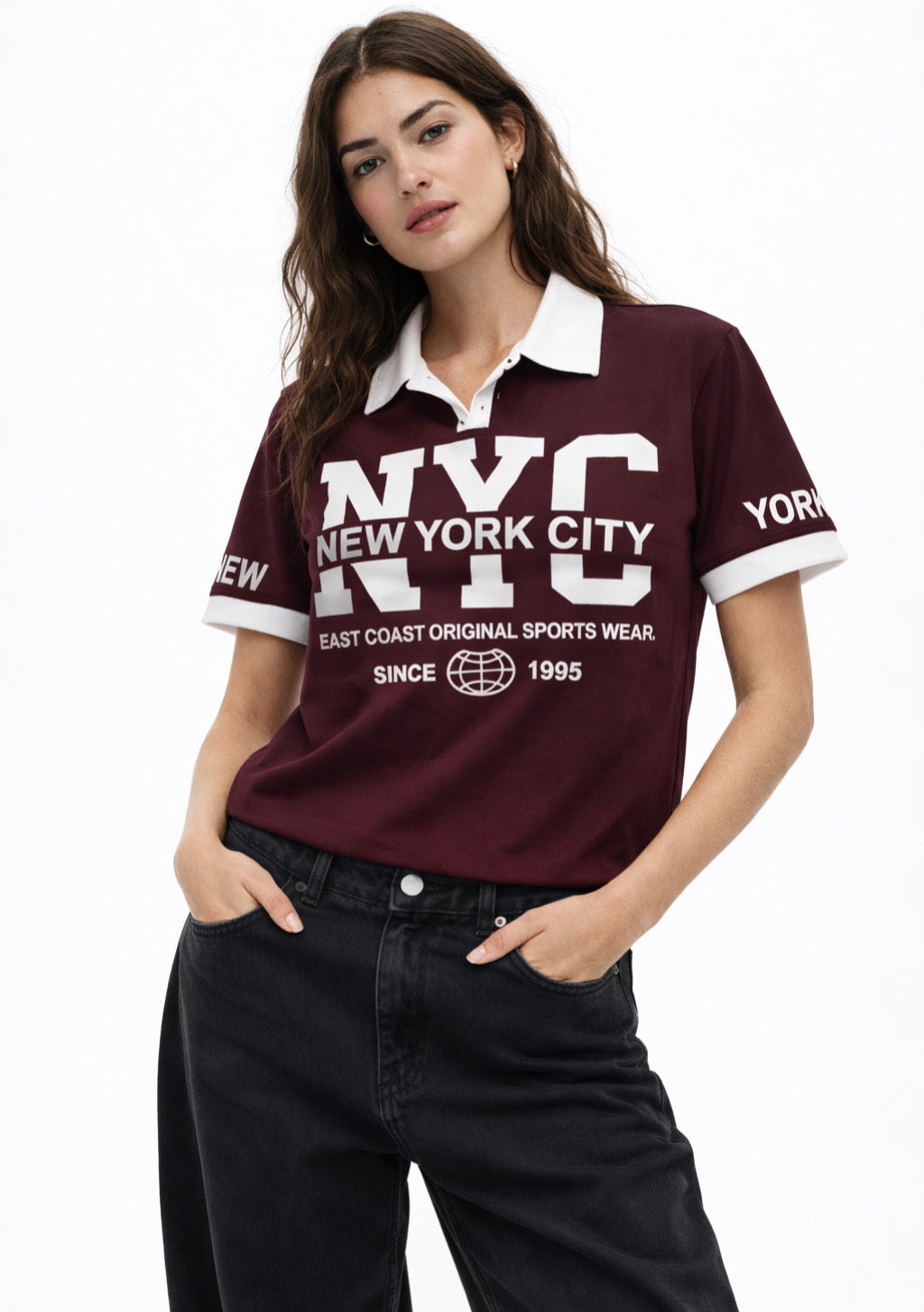 Montx Women's NYC printed cotton polo T-shirt in cherry red, casual fit with colorful cityscape design.