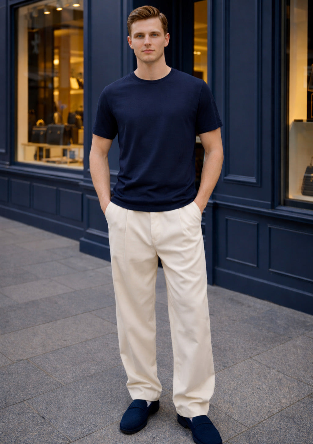 Montx men's navy blue regular fit T-shirt displayed on a plain background, showcasing the classic style and comfortable fabric.