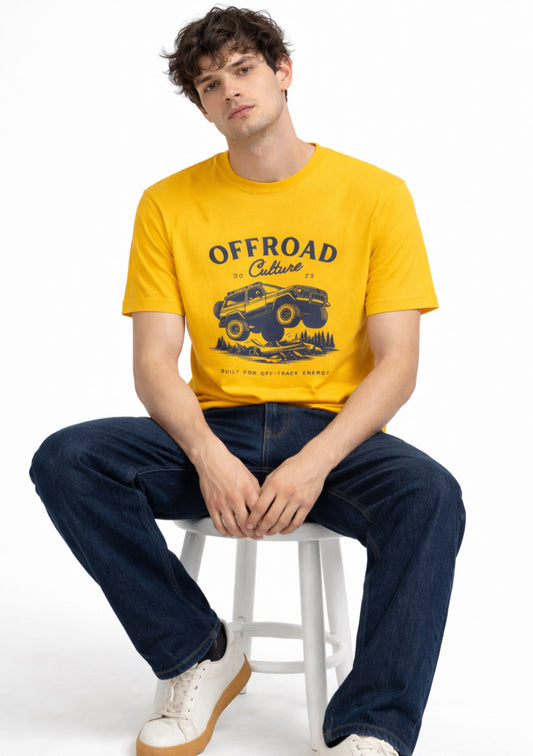 Montx men's mustard yellow offroad graphic printed T-shirt showing bold offroad vehicle design on front.
