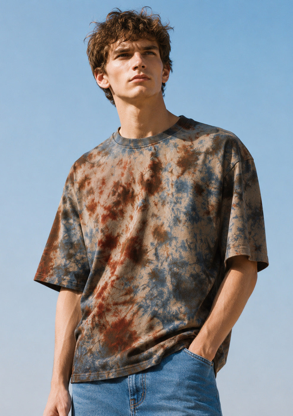 Montx men's charcoal tie-dye oversized round neck T-shirt with relaxed fit, designed in India, featuring bold tie-dye pattern and soft fabric.