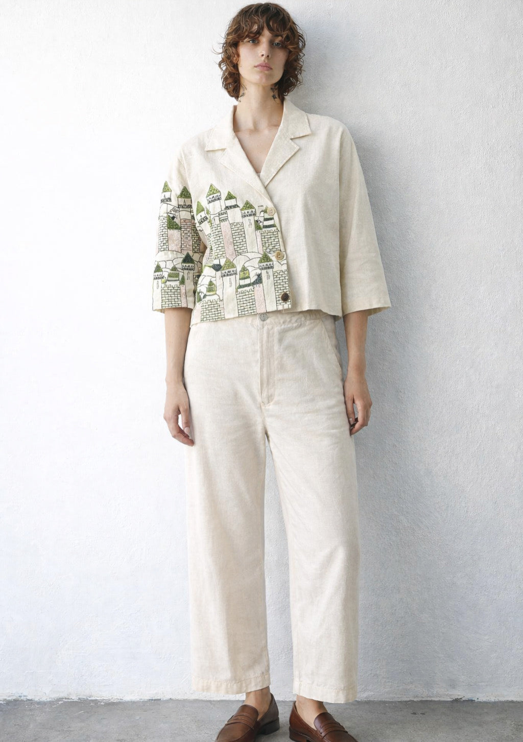 Montx women's green linen embroidered co-ord set with elegant design, featuring a matching top and pants, stylish and comfortable.
