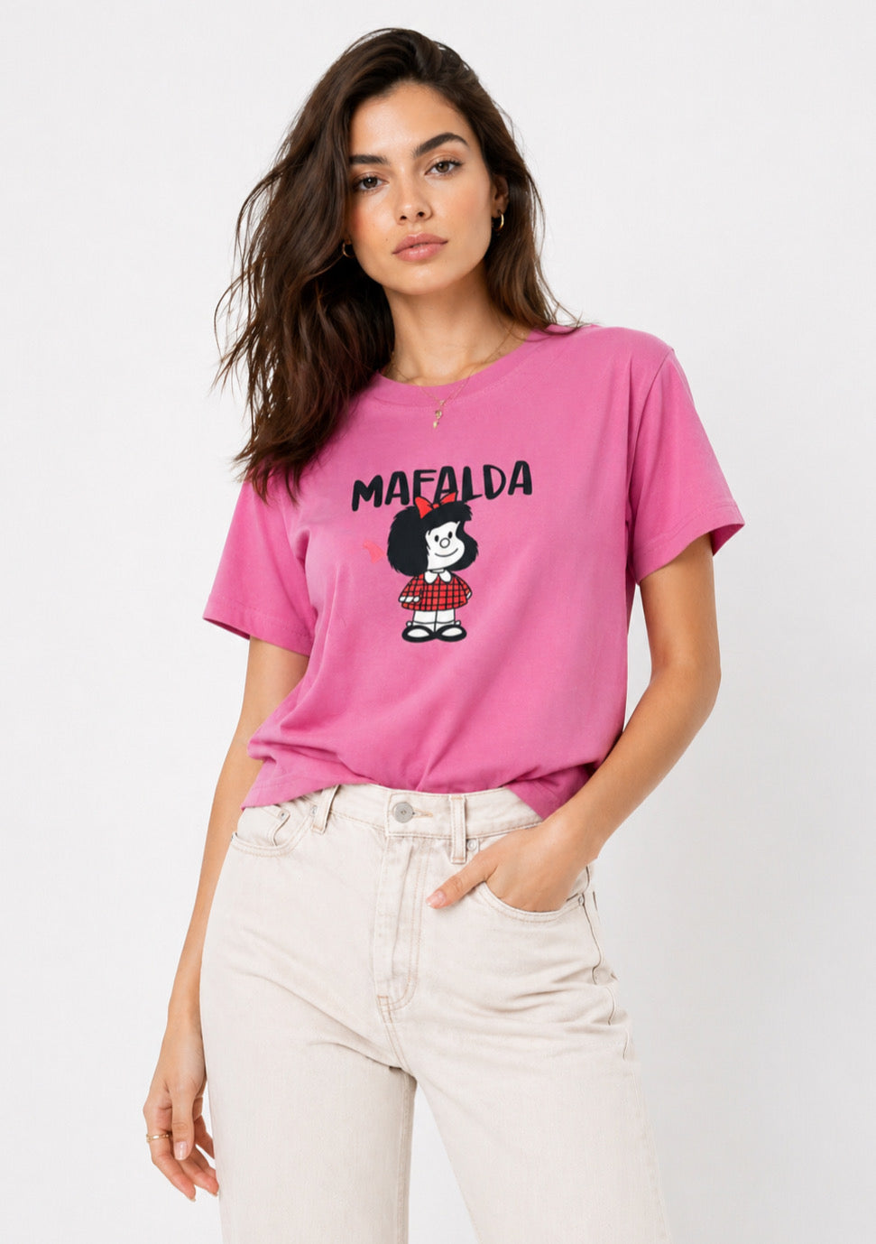Women’s rose pink cartoon print cotton T-shirt by Montx The Clothing Brand, featuring a regular fit and colorful graphic design.