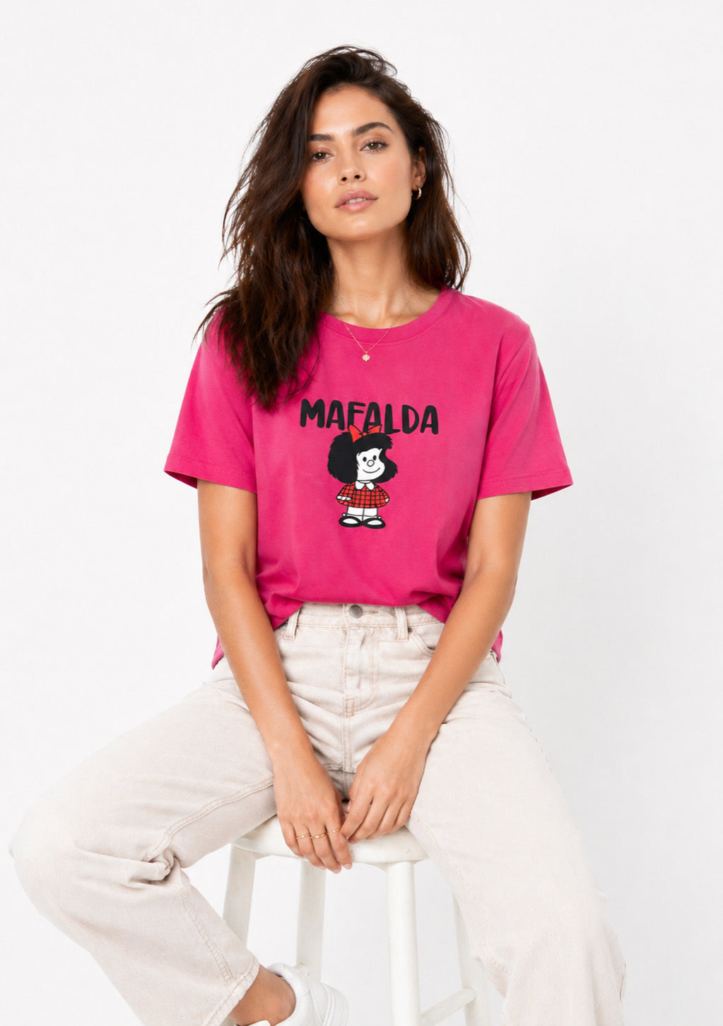 Women’s hot pink cartoon print cotton T-shirt by Montx The Clothing Brand, featuring a playful graphic design and regular fit.