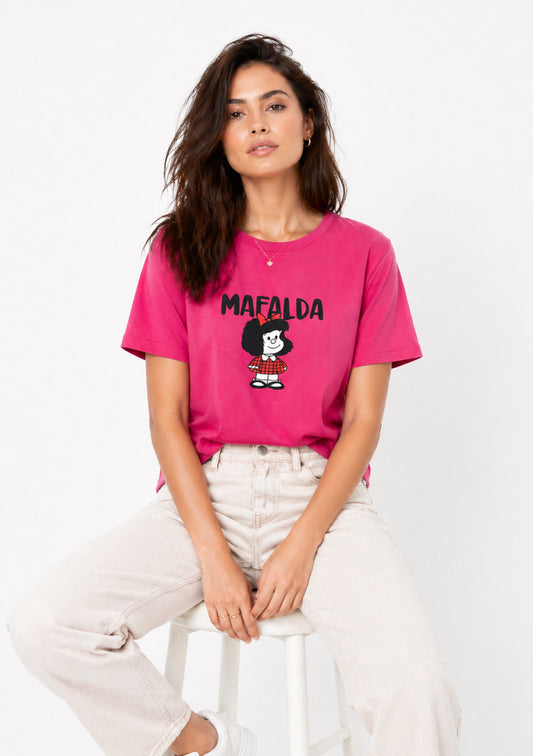 Women’s hot pink cartoon print cotton T-shirt by Montx The Clothing Brand, featuring a playful graphic design and regular fit.
