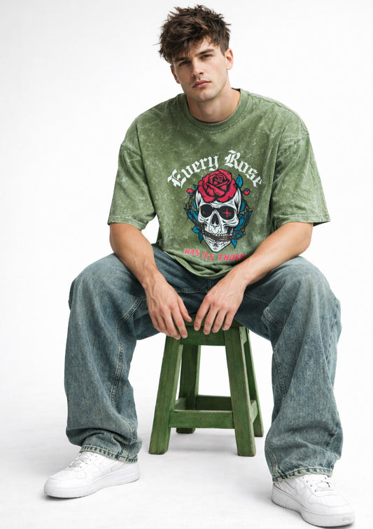 Men’s army green acid wash French terry cotton oversized t-shirt by Montx The Clothing Brand, featuring printed design and relaxed fit.