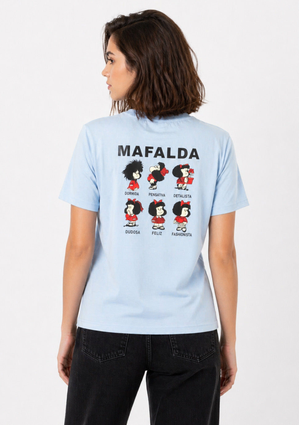 Women’s sky blue cotton T-shirt with cartoon print from Montx The Clothing Brand, featuring a regular fit and colorful graphic design.