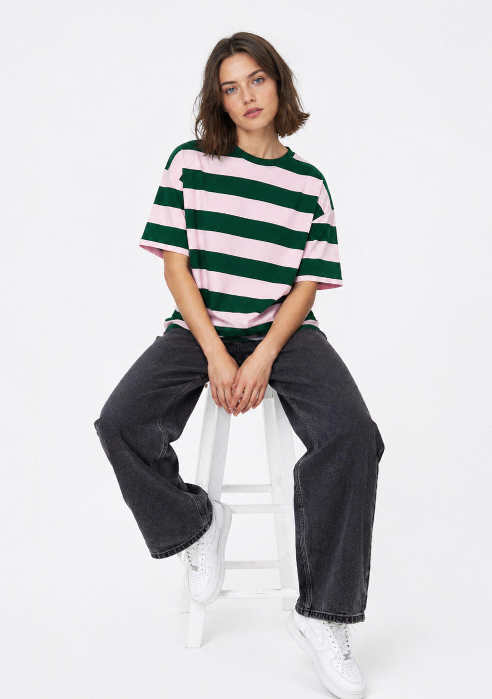 Montx women's rose pink and green striped oversized T-shirt with a relaxed fit and casual style.