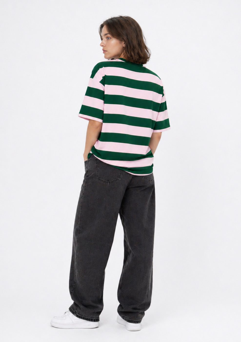 Montx Women's rose pink and green striped oversized T-shirt, casual fit, soft fabric, and stylish design.