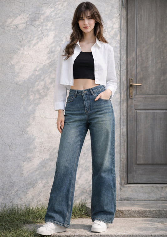 Montx women's vintage dark dusty blue straight fit denim jeans with classic five-pocket design and durable denim fabric.