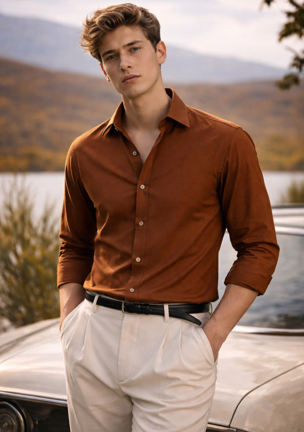 Montx men's copper brown full-sleeve cotton shirt displayed on a hanger, showcasing its classic design and smooth fabric.