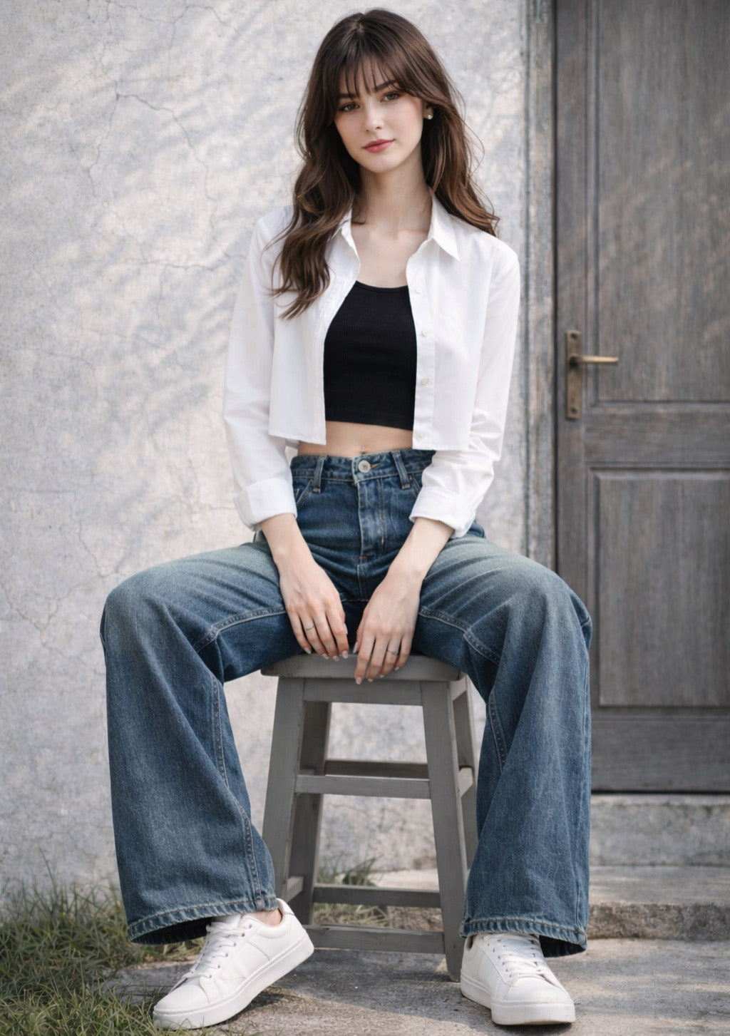 Montx women's vintage dark dusty blue straight fit denim jeans displayed on a model, showcasing classic denim style and fit.