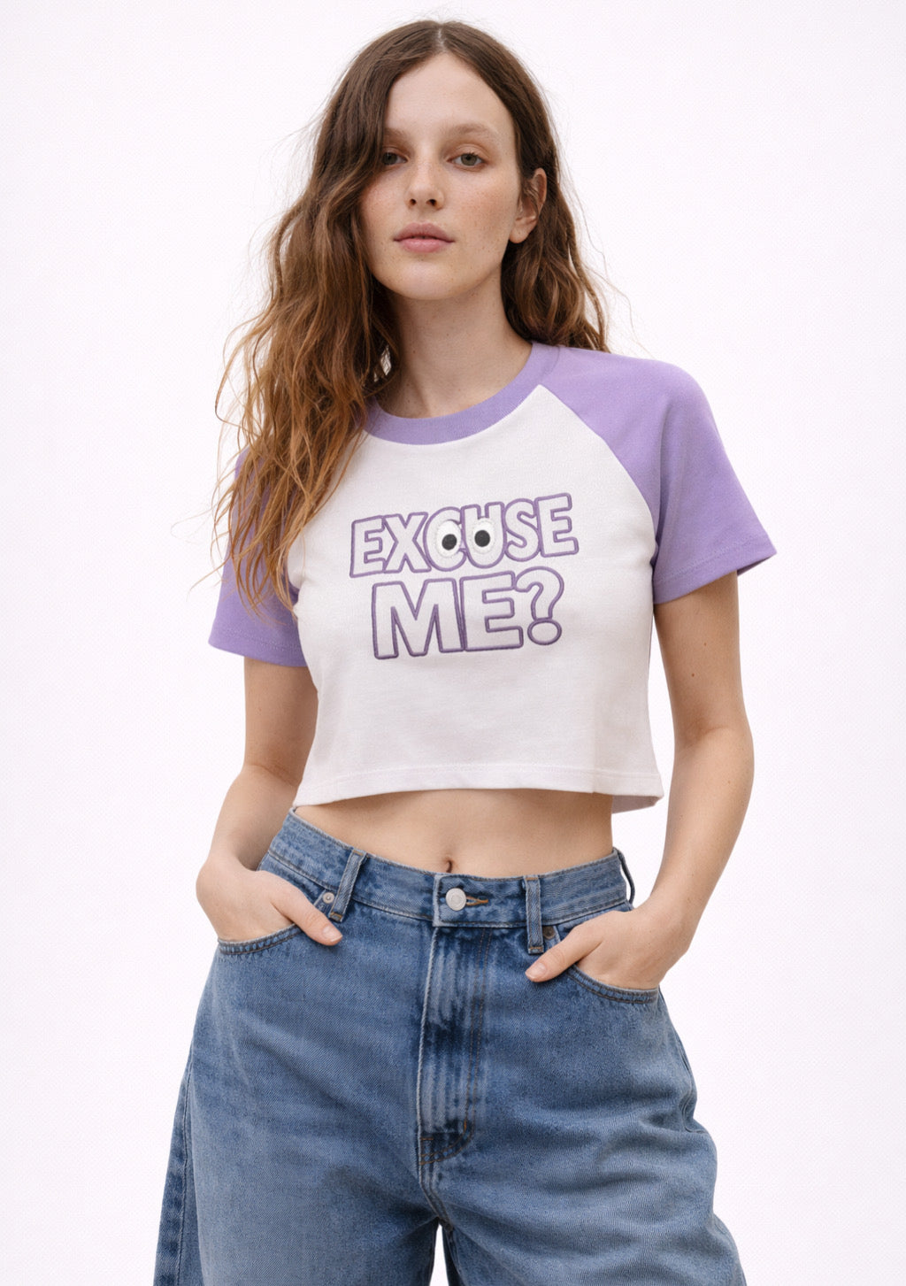 Montx women's lavender and white crop T-shirt with stretch fit, casual style, shown on a model.