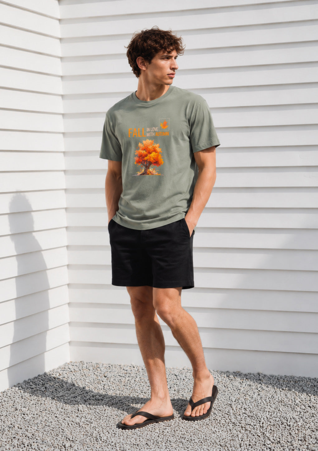 Autumn Tree Graphic Printed Regular Fit T-Shirt for Men – Sage Green