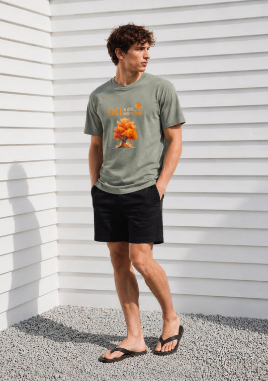 Men's sage green T-shirt with autumn tree graphic print, regular fit, from Montx The Clothing Brand.