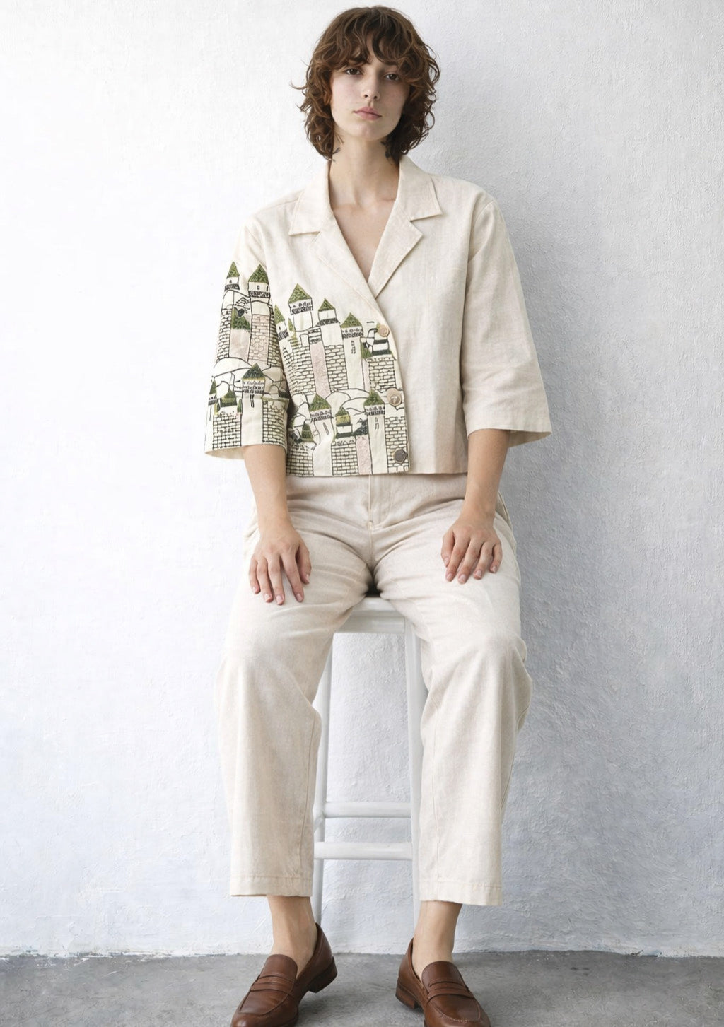Montx women's linen embroidered co-ord set in elegant green, featuring a stylish top and matching skirt for a sophisticated look.