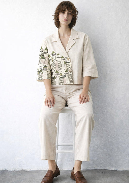 Montx women's linen embroidered co-ord set in elegant green, featuring a stylish top and matching skirt for a sophisticated look.