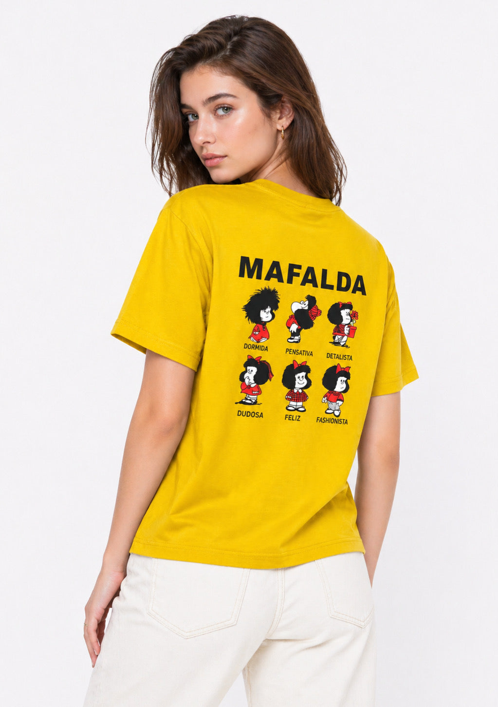 Women’s mustard yellow cotton T-shirt with cartoon print from Montx The Clothing Brand, featuring a regular fit and vibrant design.