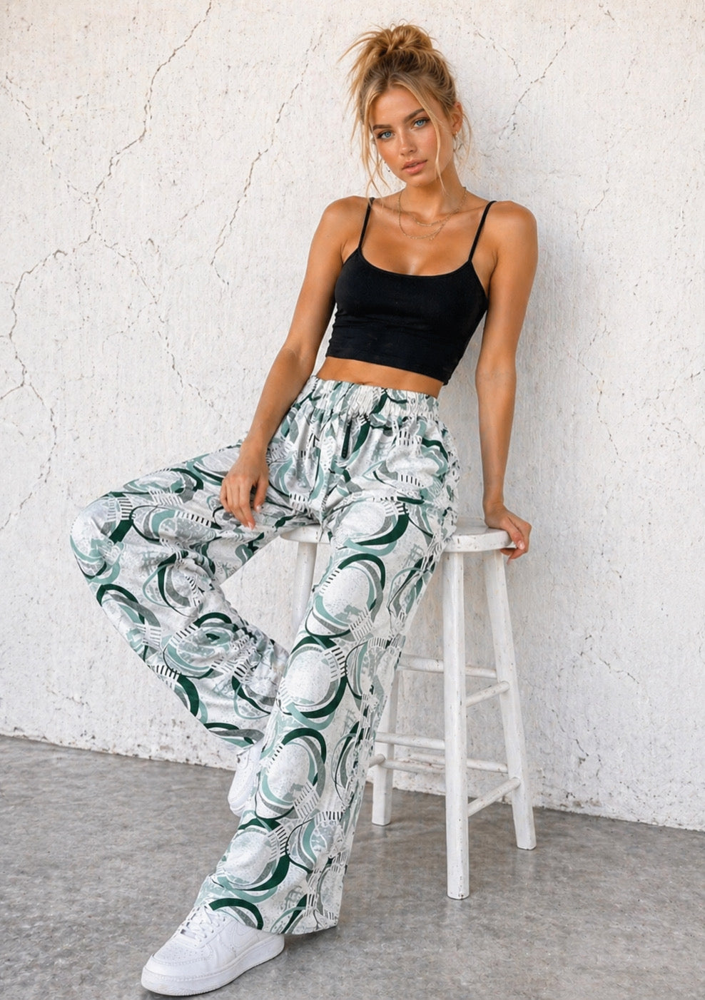 Montx women's sage green abstract print wide leg joggers with relaxed fit and high waist, comfortable casual clothing.