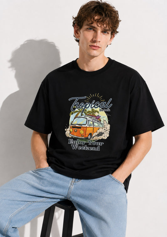 Montx Men's oversized black printed T-shirt with bold graphic design, made from comfortable fabric.
