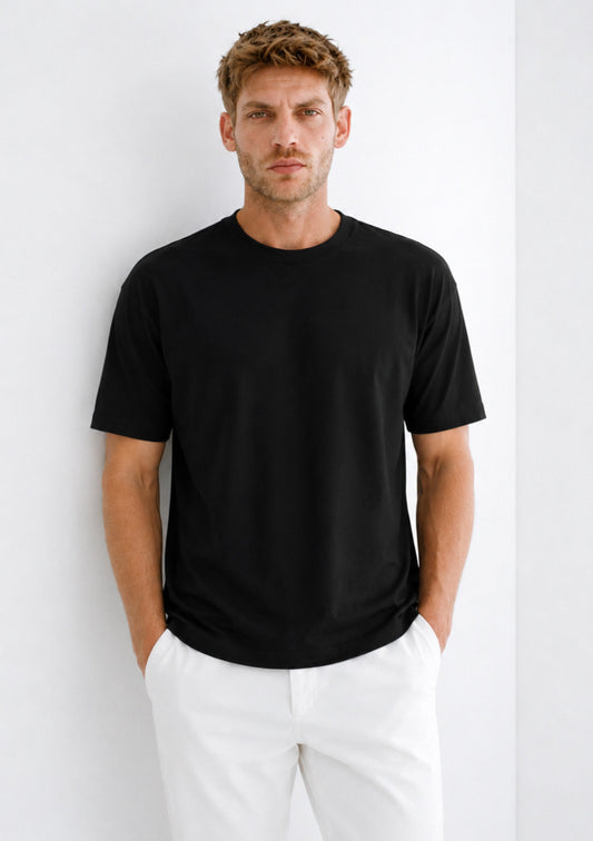 Montx men's black round neck half sleeve T-shirt, regular fit, casual style, front view.