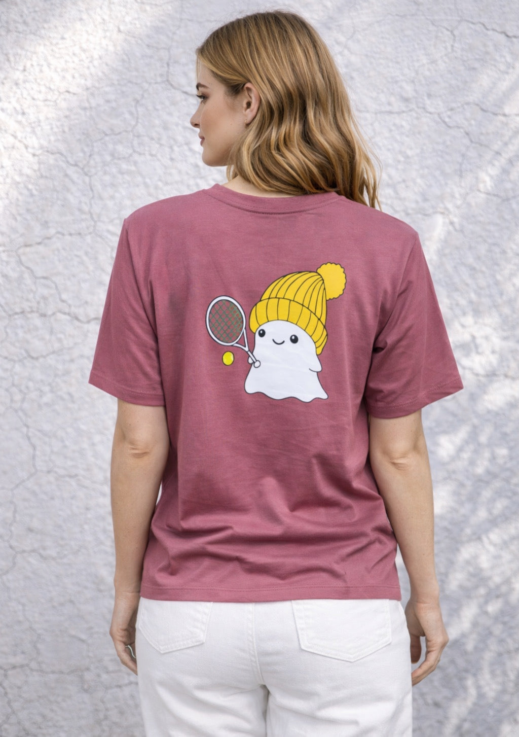 Montx Women’s Dusty Pink Printed T-Shirt with cute anime ghost design, featuring short sleeves and a relaxed fit.