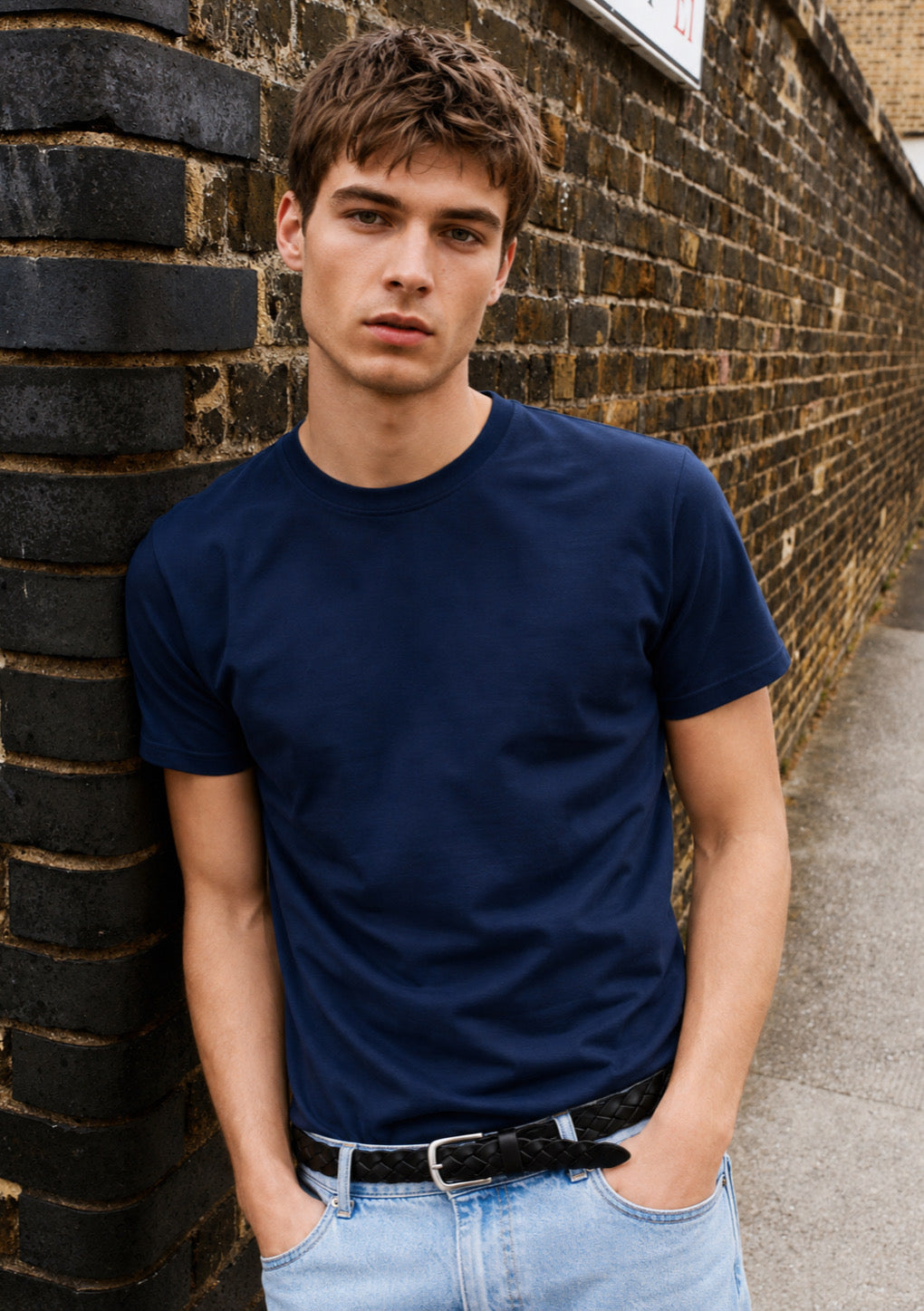 Navy blue Montx men's regular fit round neck T-shirt made of soft cotton fabric, displayed flat on a white background.