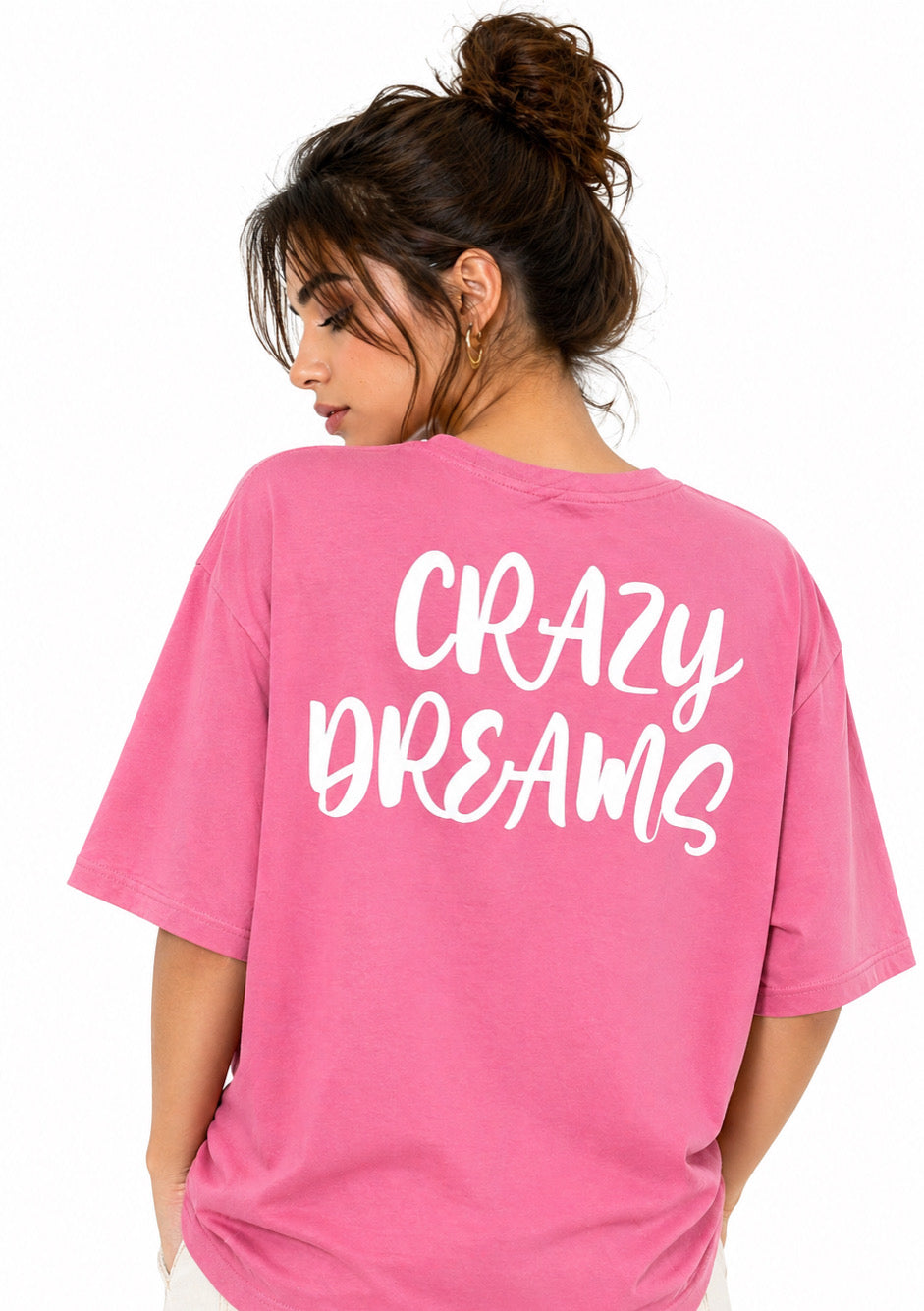 Montx Women’s oversized rose pink graphic T-shirt with bold design, casual fit, and soft fabric for everyday wear.