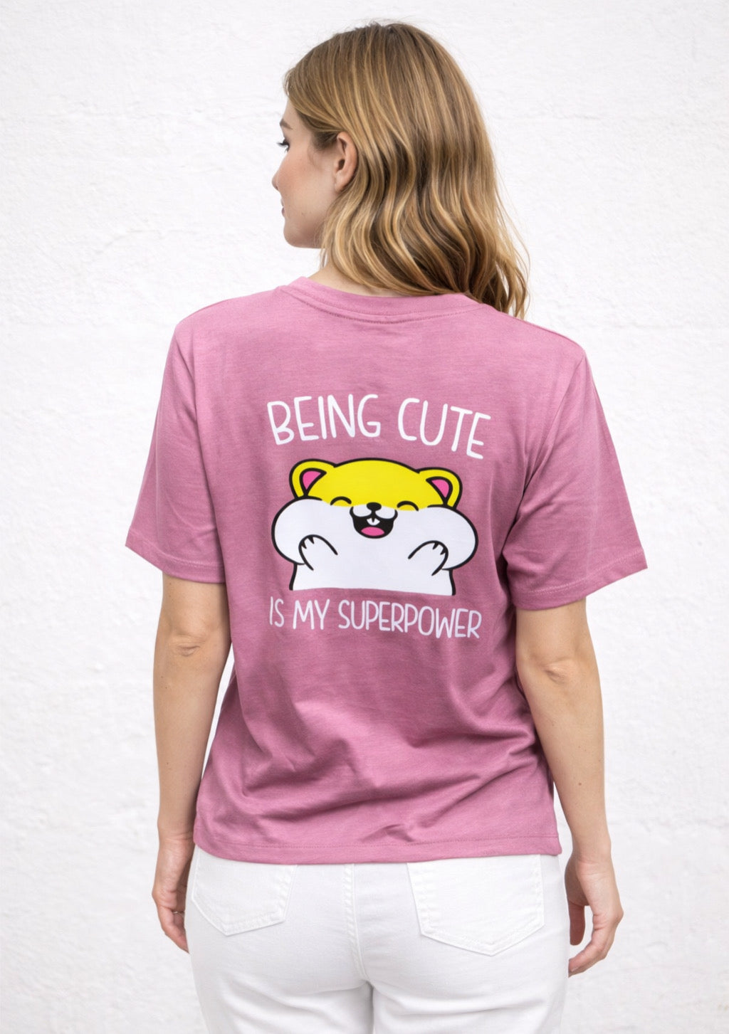 Montx women's pink printed T-shirt with a cute statement design, casual and stylish for everyday wear.