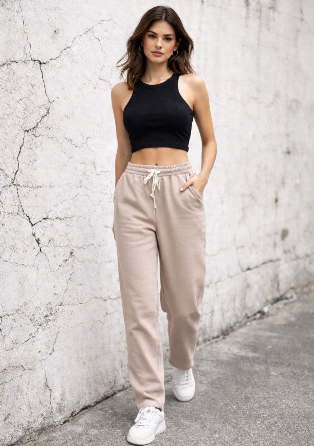 Light brown women's wide-leg joggers by Montx, soft lounge fit, shown laid flat with relaxed fit and wide leg design.