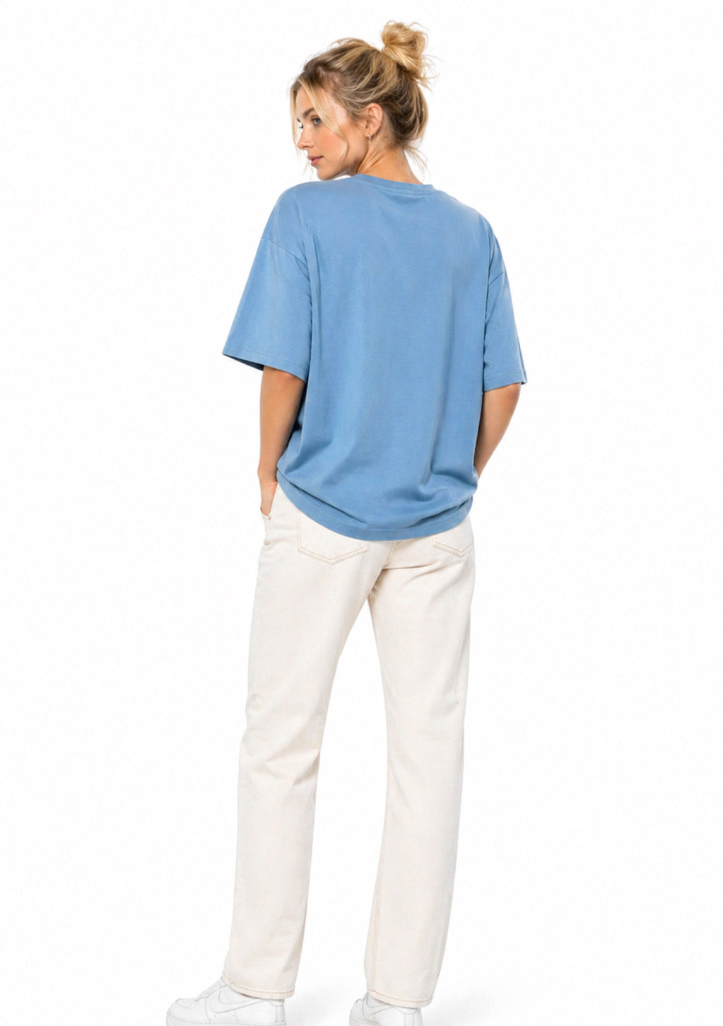Women’s sky blue oversized plus size cotton T-shirt by Montx The Clothing Brand, showing relaxed fit and soft fabric.
