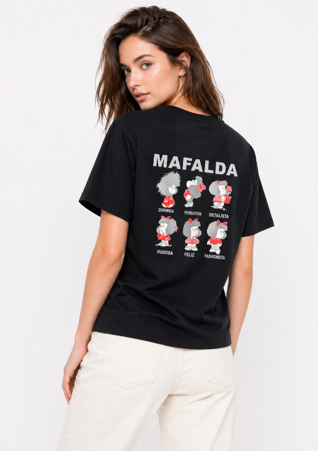 Women’s black cotton T-shirt with colorful cartoon print, regular fit, by Montx The Clothing Brand, shown on a model.