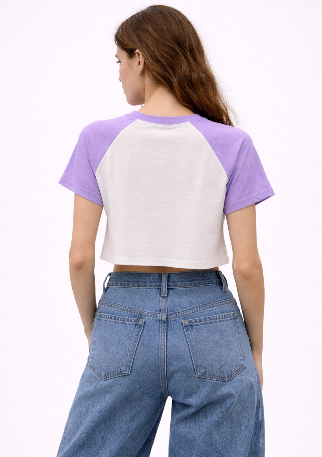 Montx women's lavender and white crop t-shirt with stretch fit, casual style, shown on a model.