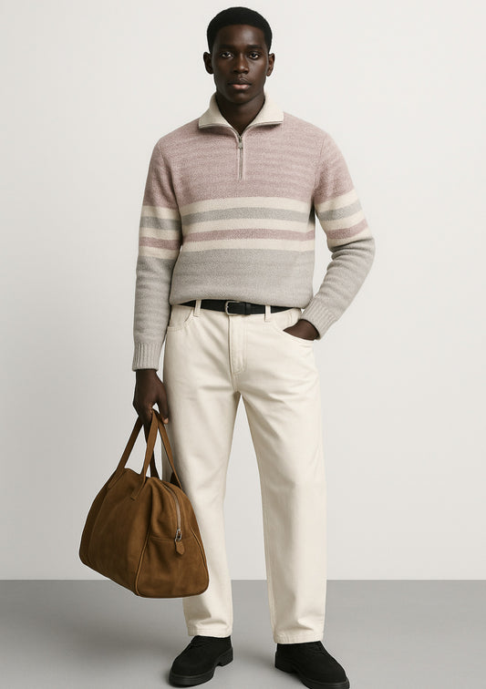 Dusty Pink & Beige Striped Half-Zip Sweater for Men - Montx The Clothing Brand